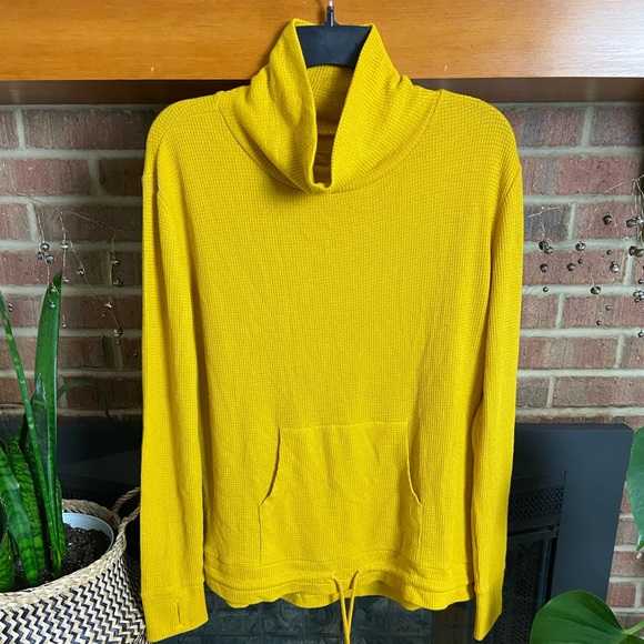 NWOT Mustard Yellow Cowl Neck Waffle Knit Sweatshirt, Size S - Picture 1 of 7